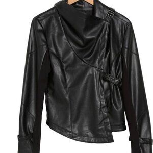 Ookie & Lala Womens Drape Moto Faux Leather Ponte Jacket Black Size S